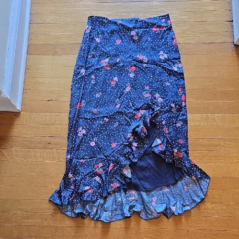Capulet, Polka Dot, Floral,High-Low Maxi Skirt, Blue, EUC, Women's M